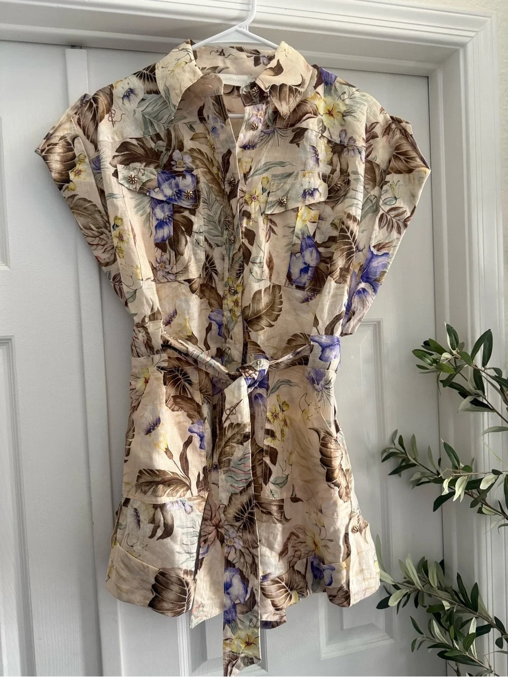 Zimmermann 'Coco' One-Piece Jumpsuit In Beige Linen With Multi Floral Women